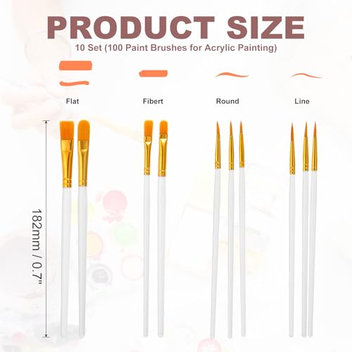 PATIKIL Paint Brushes Set, 100Pcs Acrylic Paint Brush Nylon Hair for Watercolor Oil Painting Miniature Detailing Rock Painting, White - color: White