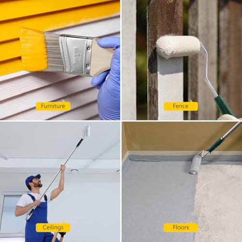 Paint Roller Kit with Extension Pole, 13 PCS Set, 9 Inch 4 Inch Paint Rollers, Paint Tray Liner, Paint Brush for Walls, Painters Tape, House Painting Supplies for All Paints & Stains (3 FT)