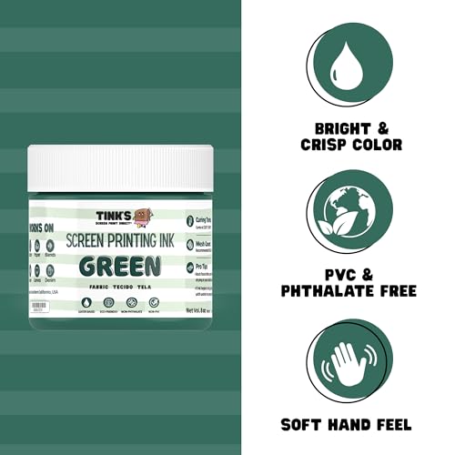 Tinks Screen Printing Ink - Green - 4oz Water-Based Fabric Ink - Screen Printing, Stenciling, Tote Bags & Fabric Stamping - Non-Toxic, No Harsh Fumes, Soap & Water Cleanup - Made in California - color: Green