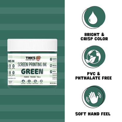 Tinks Screen Printing Ink - Green - 4oz Water-Based Fabric Ink - Screen Printing, Stenciling, Tote Bags & Fabric Stamping - Non-Toxic, No Harsh Fumes, Soap & Water Cleanup - Made in California - color: Green