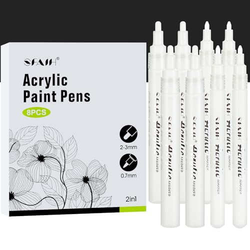 SFAIH Acrylic Paint Markers - White Paint Markers Paint Pens - 8 Pack Acrylic Marker for Rock Painting, Wood, Metal, Fabric, Plastic, Canvas, Glass, Ceramic, 2-3MM Medium Tip & 0.7mm Extra Fine Tip - color: 8 White