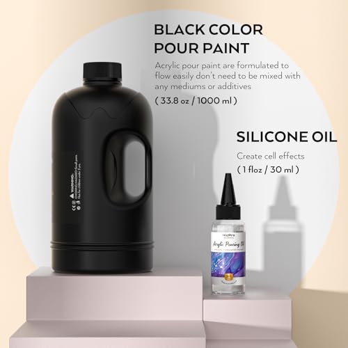 Nicpro Jet Black Color Acrylic Pour Paint, 33.8 Ounce Pre-Mixed Pouring Paint Supplies with Silicone Pour Oil & Gloves for Canvas, Rock, Wood Cell Creation Flow DIY Art Painting, Ready to Pour - color: 33.8oz-black