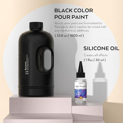 Nicpro Jet Black Color Acrylic Pour Paint, 33.8 Ounce Pre-Mixed Pouring Paint Supplies with Silicone Pour Oil & Gloves for Canvas, Rock, Wood Cell Creation Flow DIY Art Painting, Ready to Pour - color: 33.8oz-black