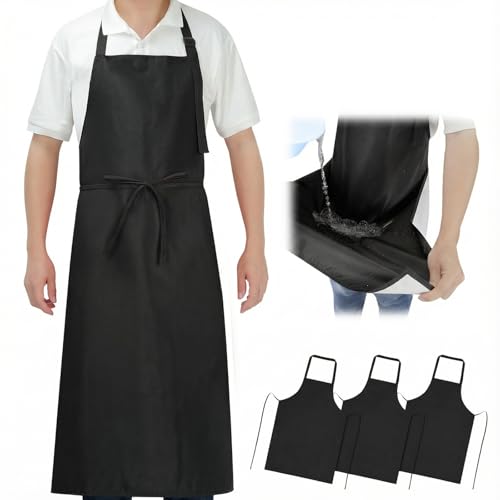 SHEOMERN Aprons for Men Kitchen Cooking – Waterproof & Oil Proof 3-Layer Long Pocket-Free Chef Apron for Grilling BBQ Baking – Gift for Men - color: Black