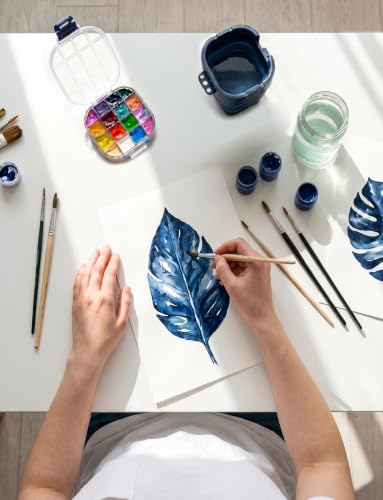 16-Well Airtight Gouache Palette Box with Lid & Foldable Water Cup, Blue | Compact Travel Design, Refillable Paint Storage Suitable for Watercolor & Acrylic - color: Blue