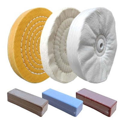 6pc 6" Cotton Buffing Polishing Wheel Kit for Bench Grinder,1/2" Arbor Hole | Includes 3pc 6" Cotton Polishing Buffing Wheel And 3pc 100g Bar Polishing Compound. For Polishing Aluminum, Brass & Jewelry - style: 6" X 1/2" AH 6PC