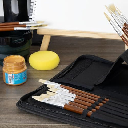 DUGATO Paint Brush Set 15 pc with Pop-Up Case, Palette Knife & Sponges | Short Handle Hog Bristle Brushes for Oil, Acrylic, Gouache, Watercolor, Model & Craft, Includes Mixing Knife & Sponge - color: White Hog Hair - 15pcs