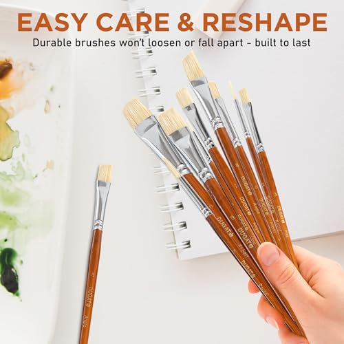 DUGATO Short Handle Artist Paint Brush Set, 10-Piece Hog Hair Bristle | Strong Paint Pickup for Acrylic & Oil Painting, Comfortable Wood Handle, Kids & Adults - color: Brown