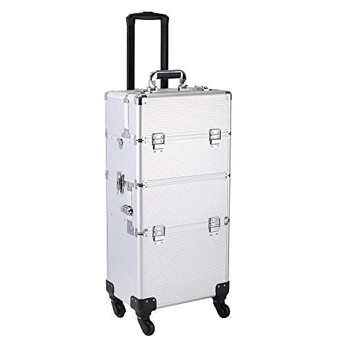 mefeir 3 in 1 Rolling Makeup Train Case, Large Cosmetic Trolley with 360° Rotation Wheels & 2 Drawers, Professional for Makeup & Tattoo Artist & Hairstylist - color: Silver