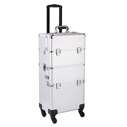 mefeir 3 in 1 Rolling Makeup Train Case, Large Cosmetic Trolley with 360° Rotation Wheels & 2 Drawers, Professional for Makeup & Tattoo Artist & Hairstylist - color: Silver