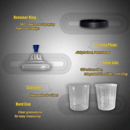 Disposable Paint Spray Gun System, 20 Ounce Kit with 50Cups and Lids System, 1 Hard Cup with Retainer Ring and 10 Plugs,Including 1 Spray Gun Adapter and 1 Paint stir Stick