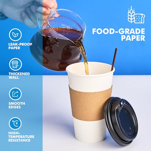 RACETOP 16 oz 100 Pack Disposable Paper Coffee Cups with Lids, Sleeves and Stirrers, Hot Cups, Paper Cups with Lids, Sleeves and Stirrers, Ideal for Home/Office - size: 16 oz
