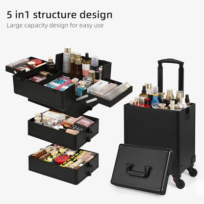Somduy Rolling Makeup Case, Makeup Train Case with Lid, 5 in 1 Cosmetology Case on Wheels, Christmas Gift, Large Makeup Organizers, Profesional Cosmetic Case for Salon Barber, Black - color: Black