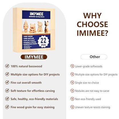 IMYMEE Basswood Carving Blocks-22PCS Whittling Wood Blocks Wood Carving Kit with 3 Different Sizes,Soft Basswood for Whittling, Easy to Use for Kids and Adults