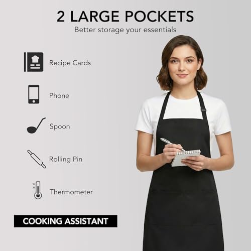 BOHARERS 2 Pack Cooking Kitchen Aprons with 2 pockets Unisex Adjustable Chef Apron for Women Men - color: A1-2 Pack Black