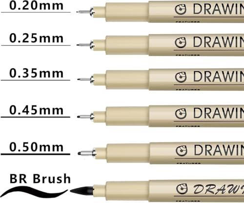 Black Fineliners Set of 6 – Waterproof Pigment Pens for Mandala Art, Calligraphy, Doodling, Architecture, Sketching, Writing & Outlining for Artists & Professionals