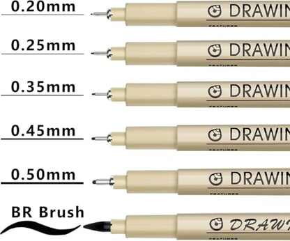 Black Fineliners Set of 6 – Waterproof Pigment Pens for Mandala Art, Calligraphy, Doodling, Architecture, Sketching, Writing & Outlining for Artists & Professionals