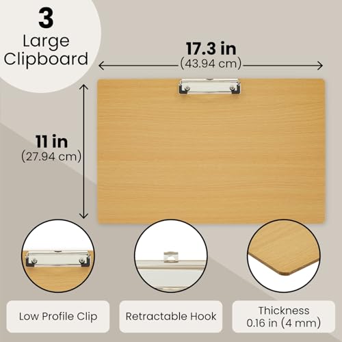 Extra Large Wooden Clipboards, 11 x 17.3 – Horizontal Wood Lap Boards with Clip for Drawing, Sketching, and Writing, 3mm Thick, Ideal for Artists, Students, and Office Use - 3 Pack