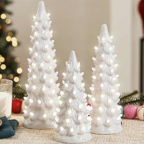 Best Choice Products Set of 3 XL Ceramic Christmas Trees, Pre-Lit Hand-Painted Tabletop Holiday Décor w/Warm White Bulbs, LED Lights – White - color: White W/ Warm White Lights, size: 3pc Set: 15-18-21 Inch