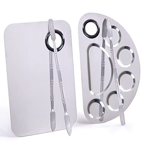 Stainless Steel Metal Makeup Palette with Spatula Artist Tool for Mixing Foundation Nail-Art, Cosmetic Makeup Palette, Makeup Plate, 6×4"/Silver/2pcs
