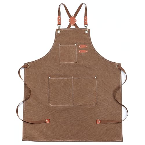 Multi-Pocket Waterproof Oil-Proof Canvas Cotton Apron Cross-Back Adjustable Straps For Chefs Barbers Carpenters - color: Brown