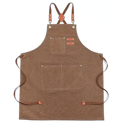 Multi-Pocket Waterproof Oil-Proof Canvas Cotton Apron Cross-Back Adjustable Straps For Chefs Barbers Carpenters - color: Brown