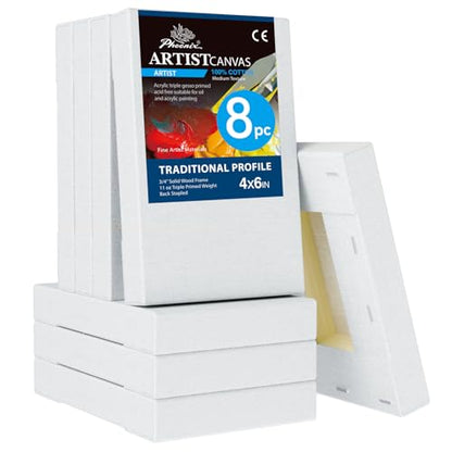 PHOENIX 4x6 Inch 8 Pack Artist Canvas - Small Stretched Canvases for Painting - 3/4 Inch Profile, 100% Cotton 11 Oz. Gesso Primed White Blank Professional Canvas Oil & Acrylic Paints - size: 4"x6", style: Traditional