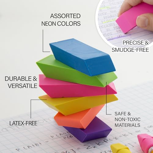 BAZIC Products Bevel Block Erasers, 6 Count, 2-Pack | neon beveled block erasers; soft latex-free; PVC-free rubber; Clean erase; smudge-resistant; school; home; art - color: 6-count, size: 2-Pack