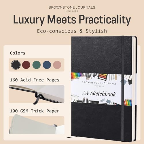 BROWNSTONE JOURNALS A4 Sketch Book Hardcover - 80 Sheets 100 GSM Paper 8.5"x11.5", Lay Flat, Vegan Leather Cover, Elastic Band, Back Pocket, Art Drawing Book (Charcoal Black) - color: Charcoal Black, size: A4 (8.5" x 11.5")