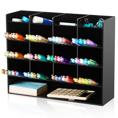 MotiMind Acrylic Pen Organizer Storage for 200 Markers Vertical Marker Organizer Acrylic Pen Display Holder for Office Desk Desktop Stationery Pencil Storage, Black, 13 x 4 x 10.2 Inch