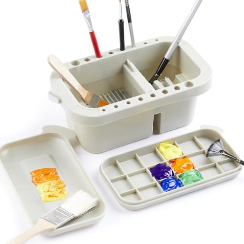 SEVENY Paint Brush Basin with Palette, Grey | Painting Art Supply Storage Organizer, For Acrylic, For Watercolor, For Water-Based Paints - color: Grey