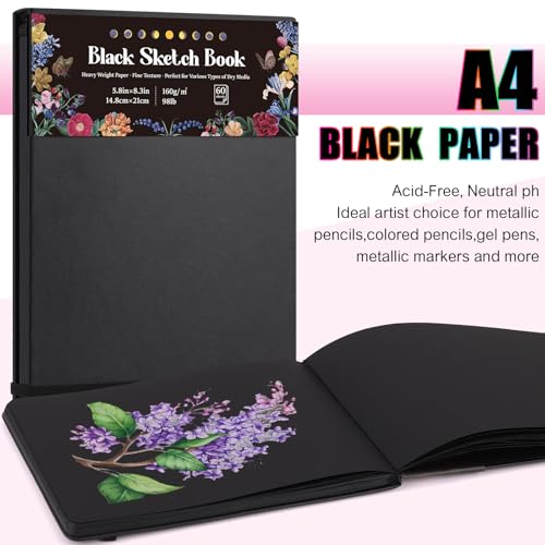 50 Sheets Black Paper Sketchbook, 98lb/160gsm Heavyweight Black Sketch Pad 5.8×8.3in, Acid-Free Drawing Paper, Spiral Bound Sketch Book for Kids, Teens, Artist - size: 5.8×8.3 Inch (1 pack)