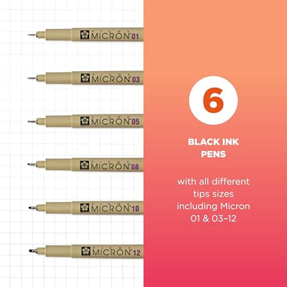 SAKURA Pigma Micron Black Ink Multi-tip Set, 6 Pack - size: 1 Count (Pack of 6)