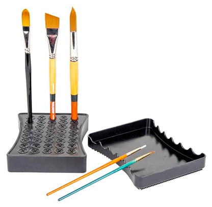 ArtBin Black Brush Drying Rack & Organizer Set | Paint & Craft Brush Holder with Cleansing Mat & Mixing Tray | Durable Stain Resistant Design | Artist Brush Stand | 2 Piece Kit