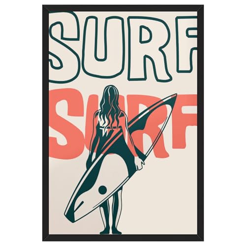Surfer Girl Wall Art Canvas Print Pink Coastal Cowgirl Surf Poster Retro Beach Decor for Bedroom Bathroom Dorm Room Feminine California Surfing Artwork Vintage Summer Picture 8x12inch Black Frame - color: Style-3 Black Frame, size: 8"L x 12"W
