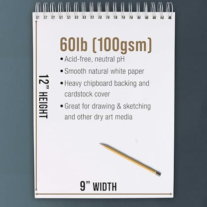U.S. Art Supply 9"x12" Top Spiral Bound Sketch Book, 2 Pack, 100 Sheets Each, 60lb (100gsm), Acid-Free, Artist Sketchbook, Drawing Pad for Adults & Students - size: 9-x-12-inch