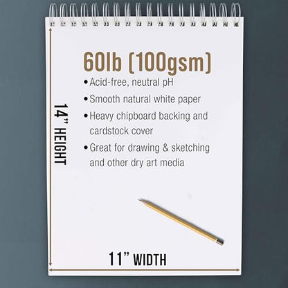 U.S. Art Supply 11"x14" Top Spiral Bound Sketch Book, 2 Pack, 100 Sheets Each, 60lb (100gsm), Acid-Free, Artist Sketchbook, Drawing Pad for Adults & Students - size: 11-x-14-inch