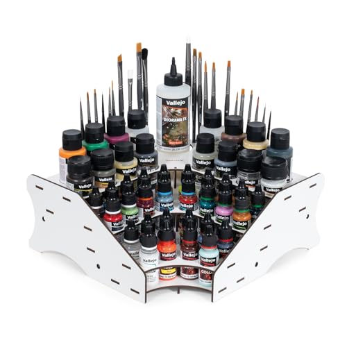 Vallejo - Corner Paint Organizer Rack for Miniatures, Holds up to 28 Bottles of 18 ml. (0.6 fl.oz.), 16 of 35 ml. (1.18 fl.oz.) or 60 ml. (2.02 fl.oz.), 1 of 200 ml. (6.76 fl.oz) and 26 Brushes - style: Corner Paint & Brush Organizer Rack