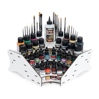 Vallejo - Corner Paint Organizer Rack for Miniatures, Holds up to 28 Bottles of 18 ml. (0.6 fl.oz.), 16 of 35 ml. (1.18 fl.oz.) or 60 ml. (2.02 fl.oz.), 1 of 200 ml. (6.76 fl.oz) and 26 Brushes - style: Corner Paint & Brush Organizer Rack