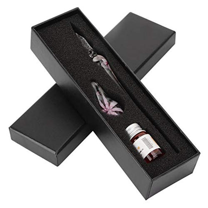 Glass Dip Pen, Glass Ink Pen Set, Crystal Elegant Flower Signature Ink Pen, Calligraphy Pen Set with Pen Holder for Signatures, Gift Cards Writing, Calligraphy Beginners