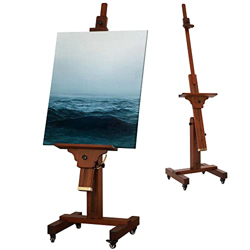 VISWIN Studio Heavy-Duty Easel, Holds Canvas Up to 71", Tilts Flat & Movable, Adjustable Solid Beech Wood Large Easel Stand for Painting, TV & Display, Floor Art Easel for Adult, Artist - Walnut - color: Walnut Brown