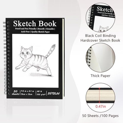 DSTELIN 7.5 x 5.1 Inch Sketch Book, 50 Sheets,100gsm, Spiral Bound Black Hardcover with Black Cover, Ideal for Sketching and Drawing