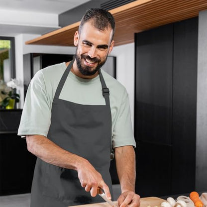Adjustable Bib Apron 100% Polyester Kitchen Aprons Waterdrop Resistant Aprons with Adjustable Strap, Pockets & Long Ties - color: Grey, style: Pack of 12