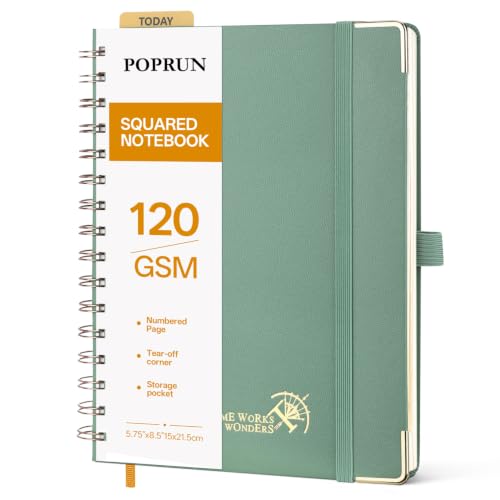 POPRUN Graph Spiral Journal Notebook - A5, 141 Pages Grid Notebooks for Women Men, 120 GSM Hardcover Graphing Journals for Work, School, Engineering & Graphing, 5.75'' x 8.25'', Midnight Green - color: Midnight Green, style: Grid