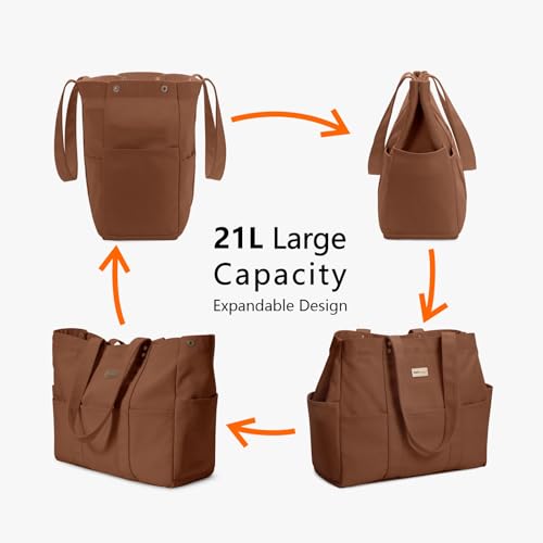 TOPDesign Large Canvas Tote Bag for Women, Shoulder Bag with Laptop Sleeve & Pockets, Everything Tote for Travel, Work (Brown) - color: Brown