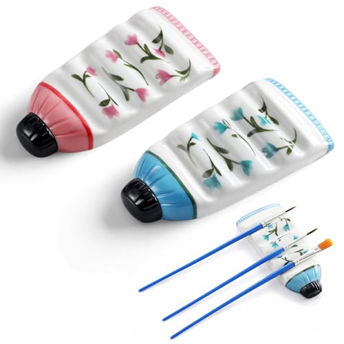 Tosstuki 2 Pcs Ceramic Watercolor Brush Rest Tube Paint Brush Holder for Artist with 4 Slots Flower Organizer Storage Custom Paint Rest for Oil Painting Accessories Calligraphy (Flower)