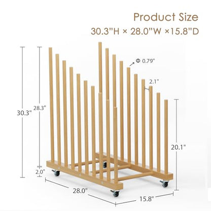 Art Storage Rack with Caster Wheels, 9 Section Wooden Art Canvas Storage for Frames and Drawing Board, Printed Matters, Paper Pads for Studio, Gallery, Art Exhibition