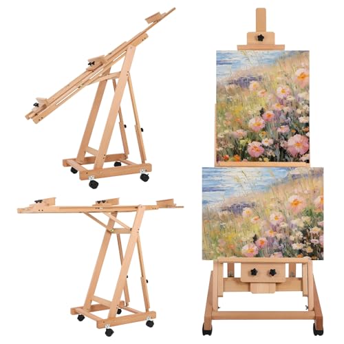 Art Easels for Painting Adult, H-Frame Easel with Braked Wheels, Height and Angle Adjustable (Vertical to Horizontal) Heavy Duty Easel Holds 2 Canvases - style: Model 1