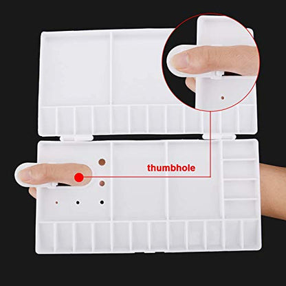 SUNIY Watercolor Palette Folding Paint Tray Plastic Painting Pallet with 33 Compartments, Thumbhole and Brush Holders, White