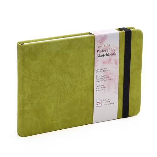 tumuarta Watercolor Sketchbook, 5x7.5, 140 LB, 300 GSM, 100% Cotton Paper, Cold Press, 24 Sheets, 48 Pages, Watercolor Journal for Use As Travel Sketch Book and Mixed Media Pad On The Go.5x7.5 Green - color: Green, size: 5"x7.5"